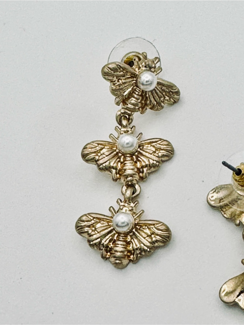 Gold Bee Drop Earrings with Pearl Detail - New - Picture 9 of 11